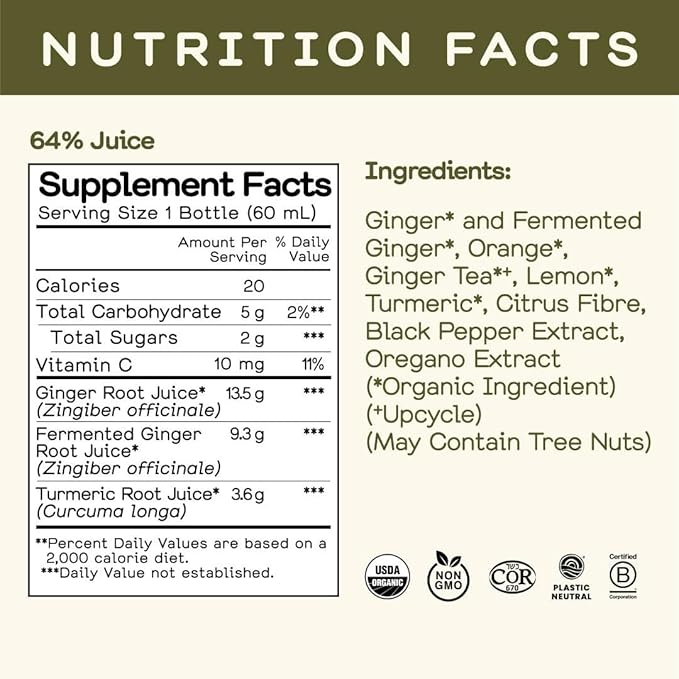 Greenhouse Juice Organic Fiery Ginger Wellness Shots 24-Count 60ml Glass Bottles | Vegan &