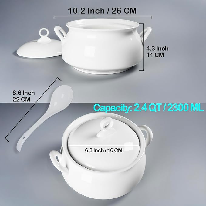 Ceramic Serving Soup Tureen Bowls with Lid and soup spoon, 2.4 QT White French Serving Tureen