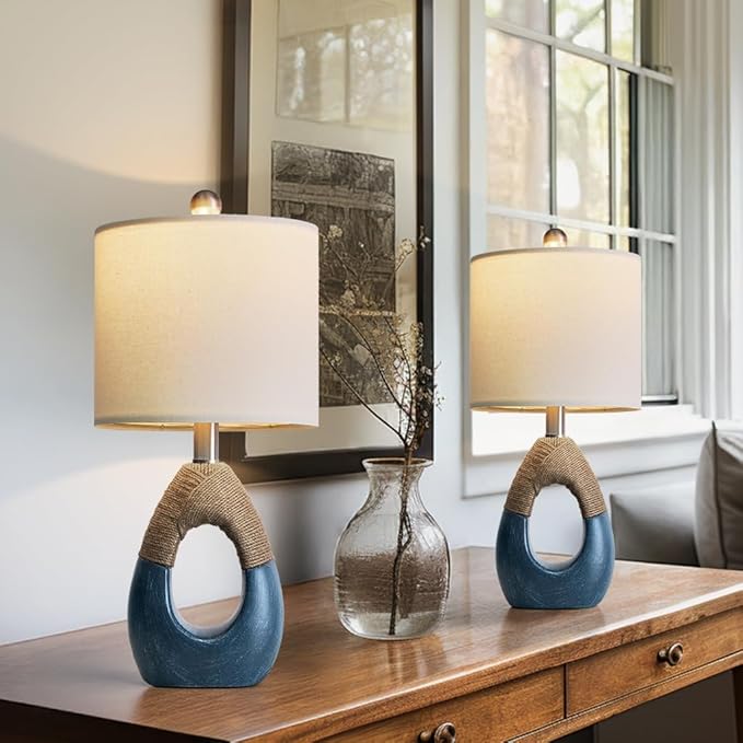 OYEARS 19" Boho Bedside Lamps Set of 2, Suitable for Small Spaces, Blue Table Lamps for Living Room