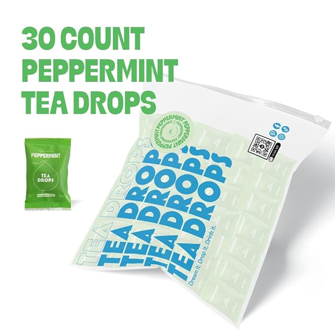 Tea Drops 30 Bulk Pack Organic Peppermint Bagless Tea - Loose Leaf, Lightly Sweetened, On-The-Go.