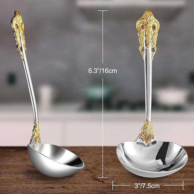 KEAWELL Luxury Gravy Ladle, 18/10 Stainless Steel, Gold Accent, Small Gravy Spoon for Home. Solid