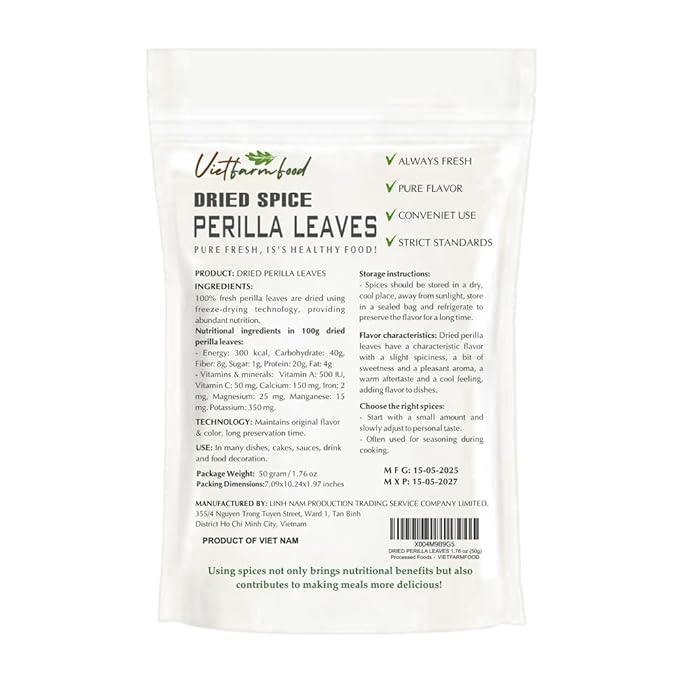 DRIED PERILLA LEAVES 1.76 Oz (50g) VIETFARMFOOD: Pure, natural freeze-dried spice made from real