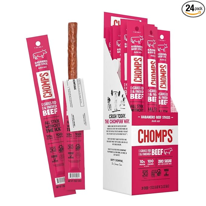 Chomps Grass-Fed and Finished Spicy Habanero Beef Jerky Snack Sticks 24-Pack - Keto, Paleo