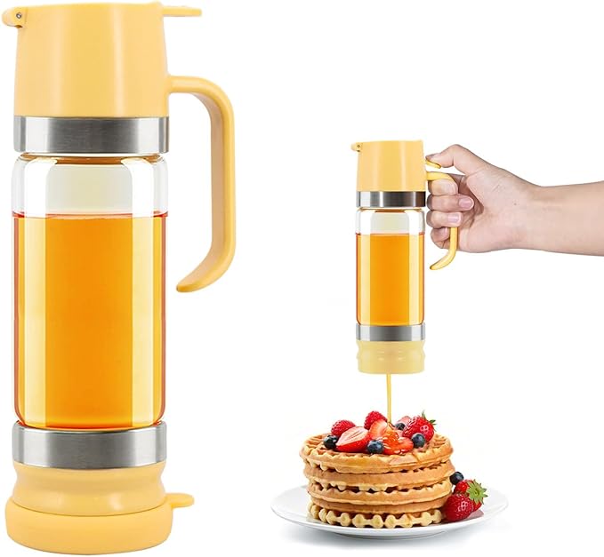 Glass Honey Dispenser No-Drip with Handle – 12 oz Maple Syrup Jar Dispenser for Coffee, Pancakes &