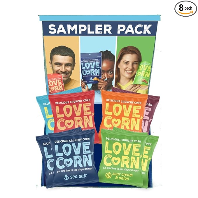 LOVE CORN Sampler Variety Pack 0.7oz x 8 Bags [2x Sea Salt, 2x Sour Cream and Onion, 1 Each of
