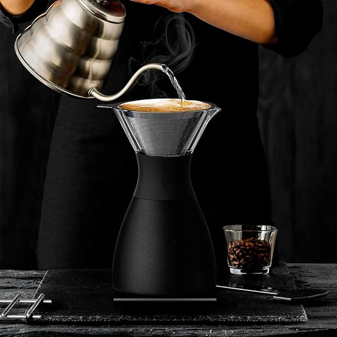 asobu Black Insulated Pour Over Coffee Maker (32 oz.) Double-Wall Vacuum, Stainless-Steel Filter