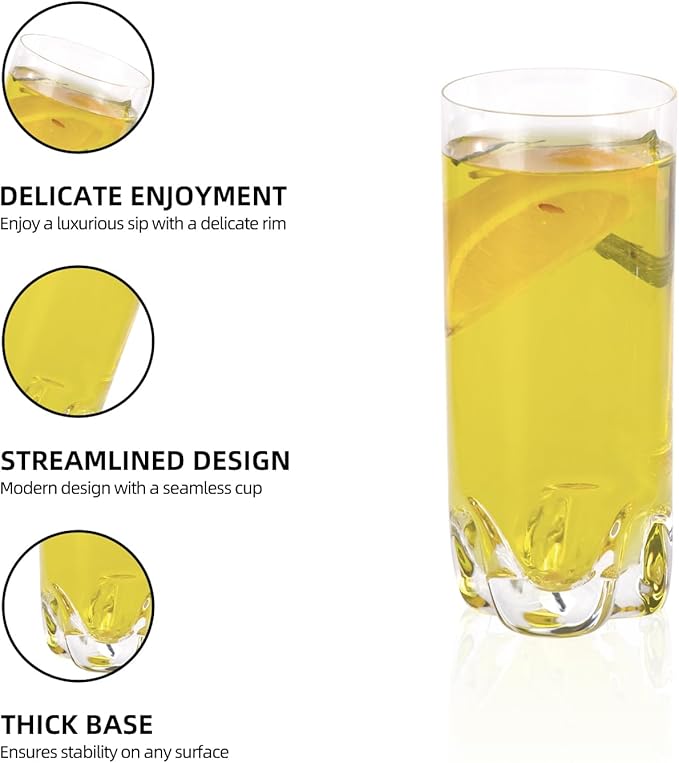 KAMMAK Drinking Glasses Set of 2, 11oz Crystal Water Glasses, Tall Glass Cups, Highball Glass for