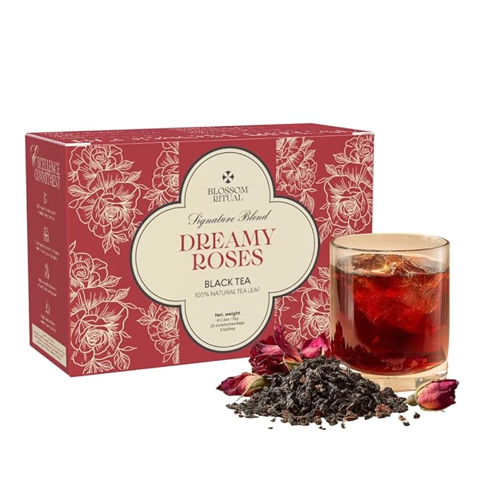 BLOSSOM RITUAL Dreamy Roses – Black Tea Loose Leaf – 20 Natural Based Pyramid Bags – Serve Upto 60