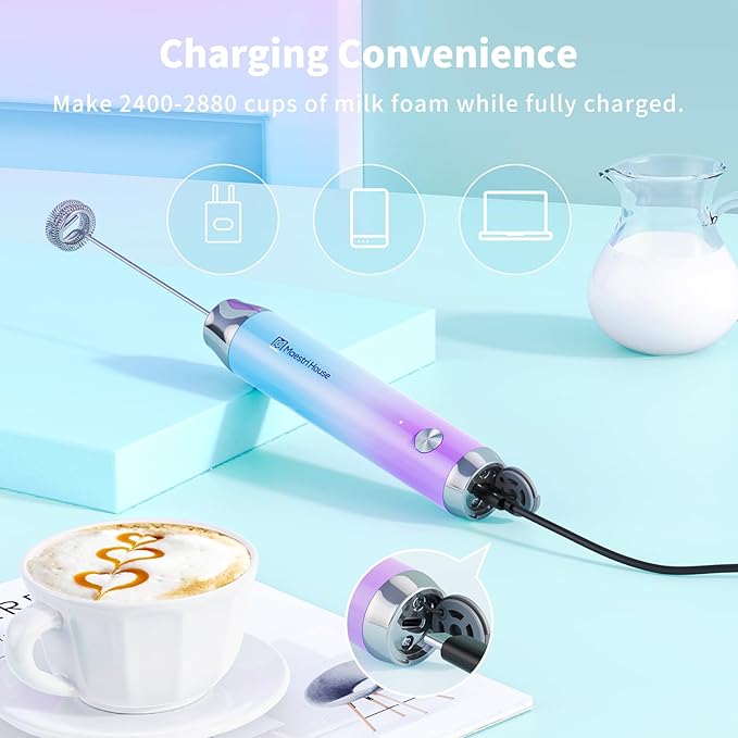Maestri House Rechargeable Milk Frother with Stand, LunaFro Handheld Electric Foam Maker Waterproof