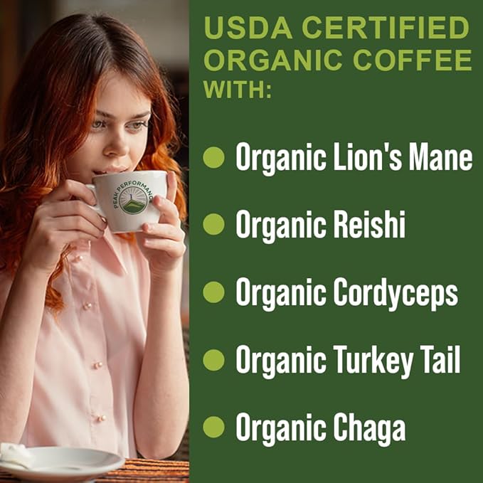 Organic Mushroom Coffee Pods with Lion's Mane, Reishi, Cordyceps, Turkey Tail, and Chaga Mushrooms.