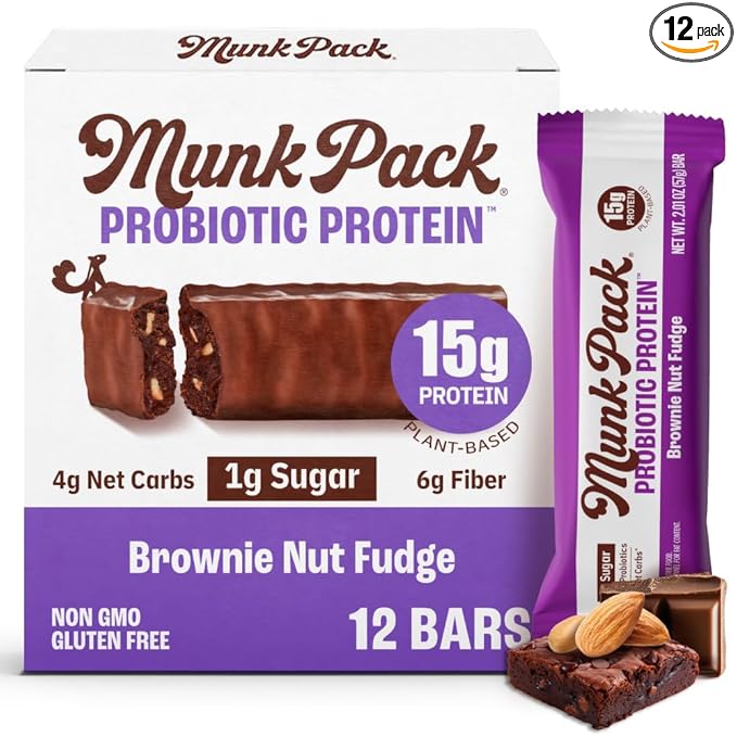 Munk Pack 15g Probiotic Keto Protein Bars - Low Sugar, High Protein -1g Sugar, 4g Net Carbs. Vegan