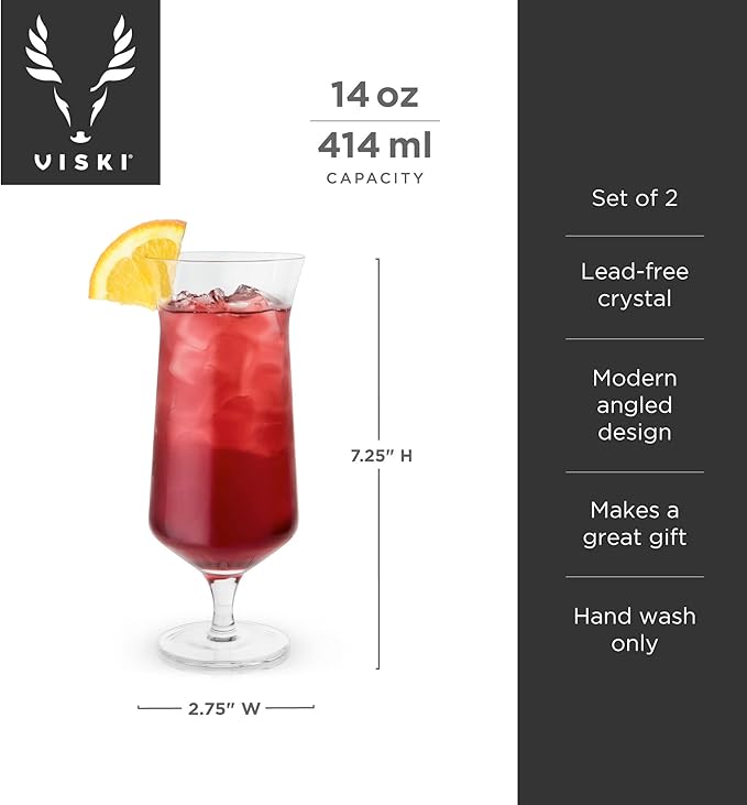 Viski Raye Hurricane Glasses, Perfect for Pina Coladas, Tropical Cocktail Glass, Crystal Glasses