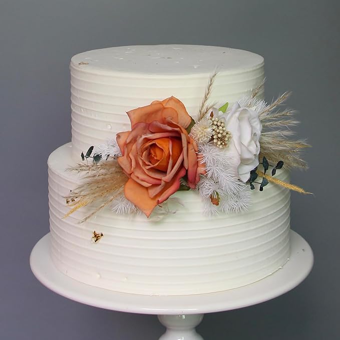 Rinlong 3-Piece Boho Chic Cake Toppers: Terracotta & Beige Silk & Dried Eucalyptus Flowers for