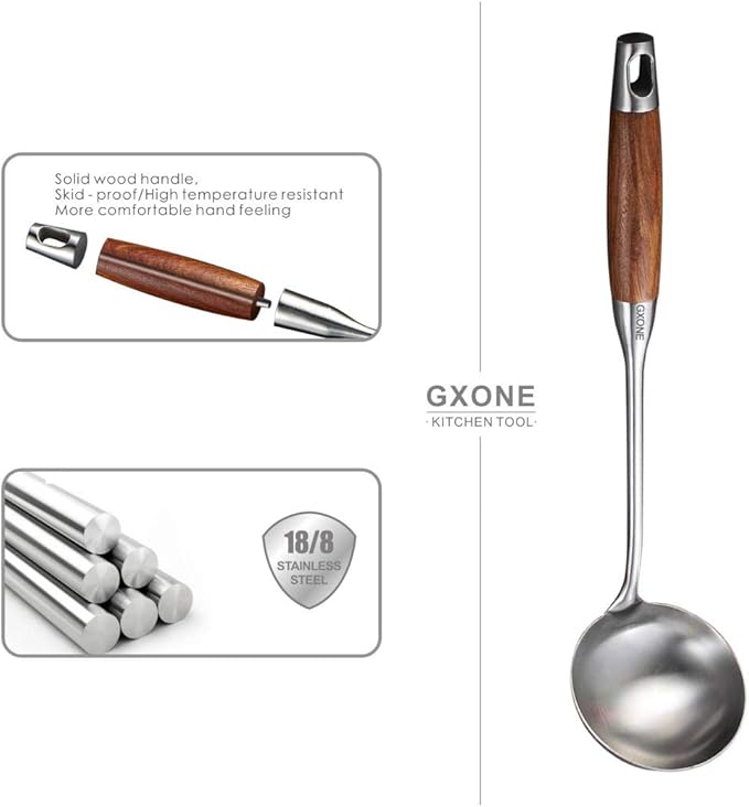 Soup Ladle,304 Stainless Steel Cooking Ladle Spoon Wok Tools with Long Wooden Handle Heat