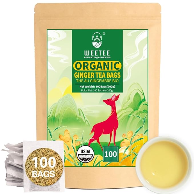 WT WEETEE Organic Ginger Tea Bags, 100% Pure Ginger Root Tea 100 Count, Caffeine Free, No Spices