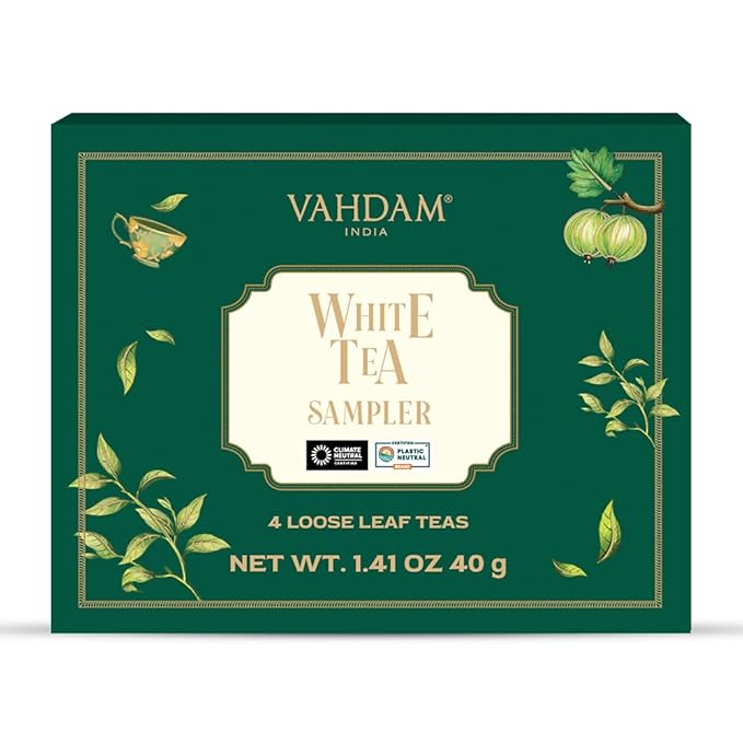 VAHDAM, Assorted White Tea Sampler Gift Set, Gluten Free, Non GMO - 4 Unblended White Loose Leaf