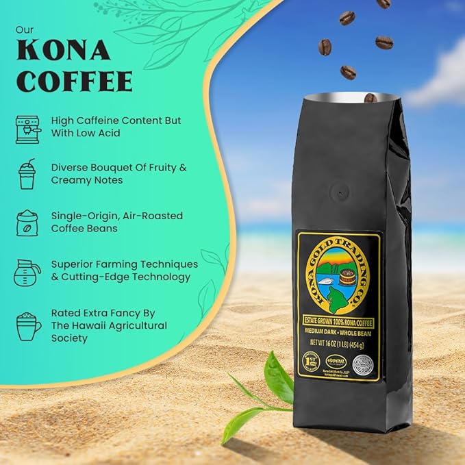Hawaiian Kona Coffee Whole Bean - 16 oz, Kona Gold Coffee by Kona Gold Rum Co. - Freshly Roasted