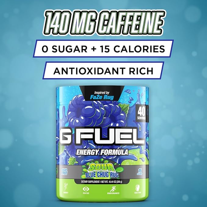 G Fuel Chug Rug Energy Drink Powder, Pre Workout Caffeine Mix for Gaming, Sugar Free Focus Amino