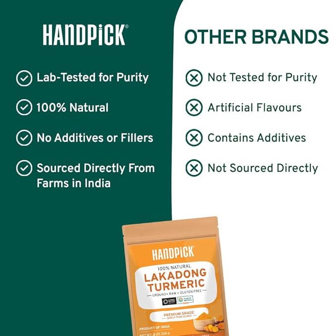 HANDPICK Lakadong High Curcumin Turmeric Powder (226g/ 8oz) Non GMO, Gluten Free, 100% Raw, Sourced