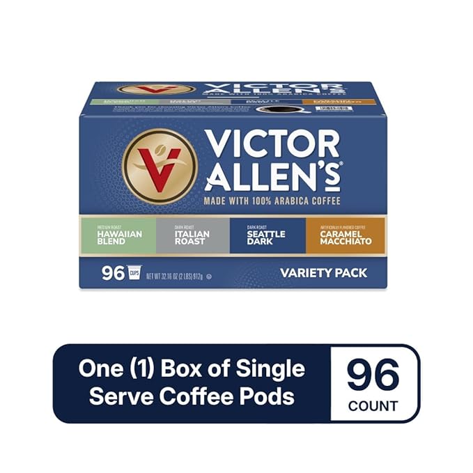 Victor Allen's Coffee Variety Pack (Kona Blend, Italian Roast, Seattle Dark, Caramel Macchiato), 96