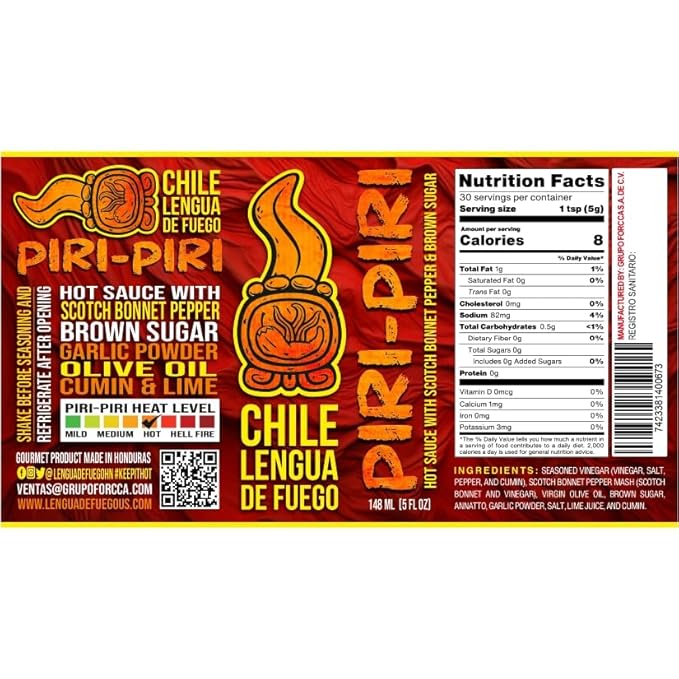 Chile Lengua de Fuego Piri Piri Hot Sauce – 1 Bottle – Artisan Honduran Sauce with Scotch Bonnet