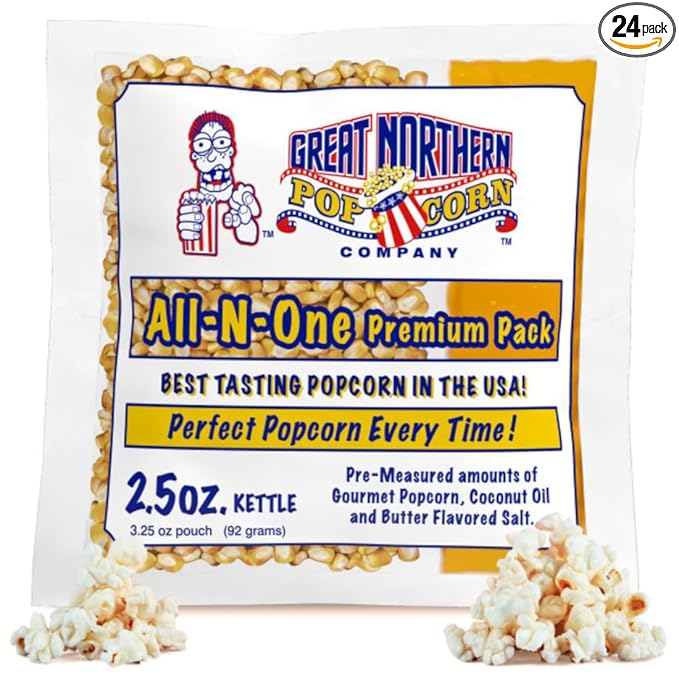 2.5oz Popcorn Machine Popcorn Packets - All-in-One Movie Theater Style Kernels, Salt, and Oil Packs