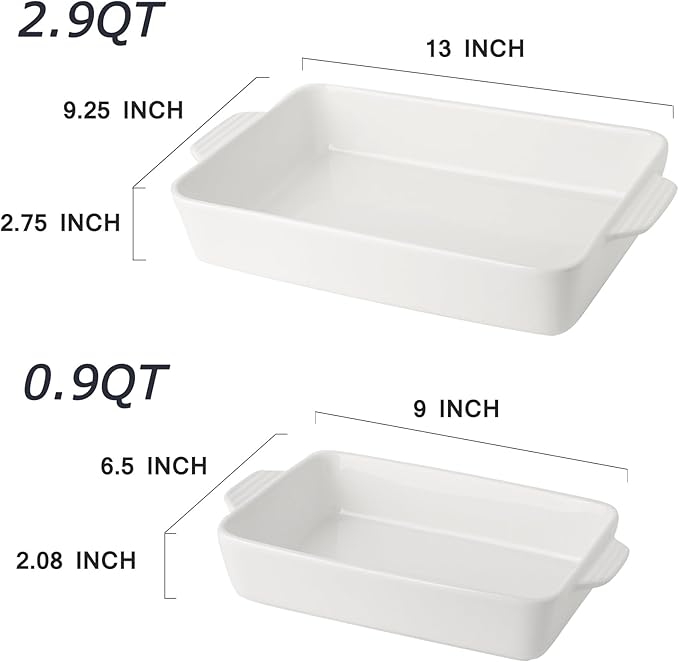 Ceramic Baking Casserole Dish with Handles, Large 9x13 inch Pan and Middle Baking Pan - Porcelain