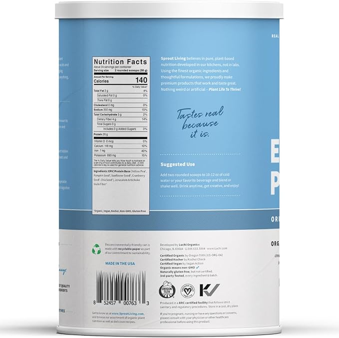 Sprout Living Plant Based Protein & Superfoods Powder, Original, Unflavored | Organic Protein