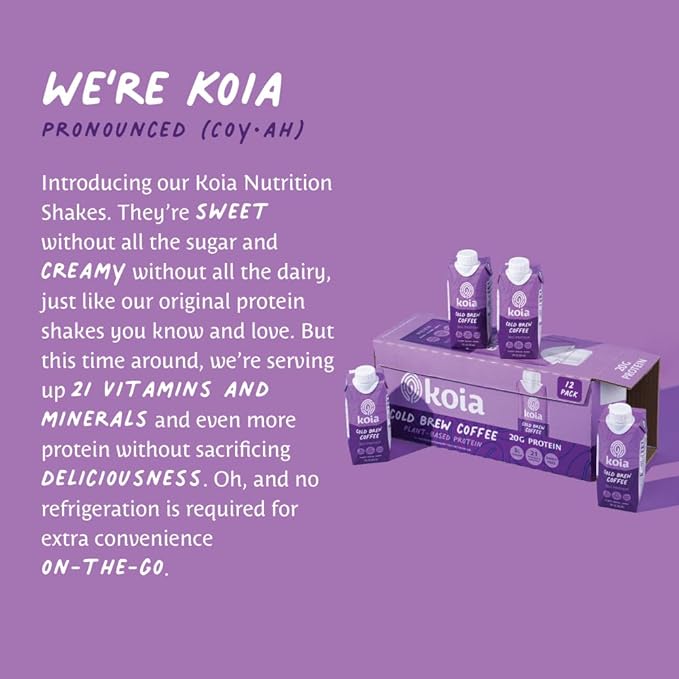 Koia Plant Based Protein Shake, Cold Brew Coffee, 20g Protein, 3g Sugar, 6g Prebiotic Fiber, 21