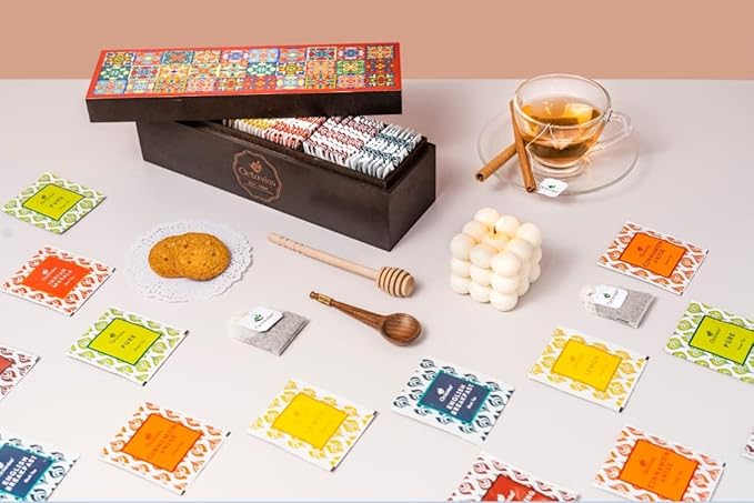 Octavius | Tile Motif Wooden Caddy Tea Sampler Pack | Assortment of 3 Black & 3 Green Teas | 30