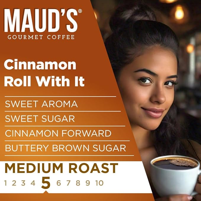Maud's Cinnamon Roll Flavored Coffee Pods, 50 ct, Medium Roast Flavored Coffee in Recyclable Single
