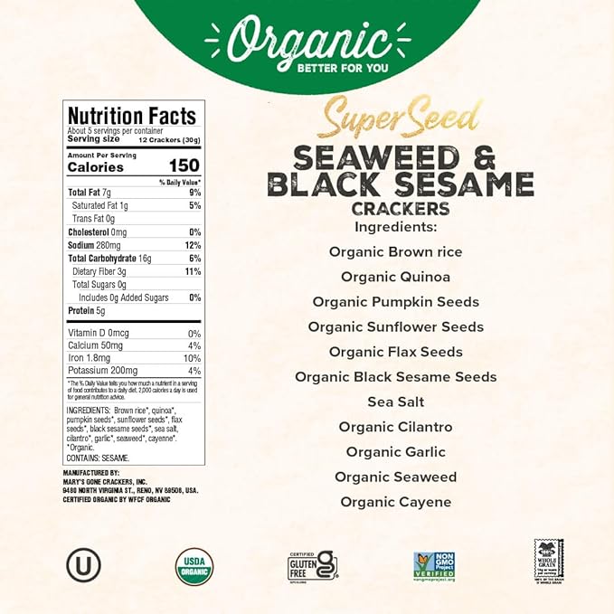 Mary's Gone Crackers Organic Super Seed Crackers, Seaweed & Black Sesame - Gluten-Free, NON-GMO