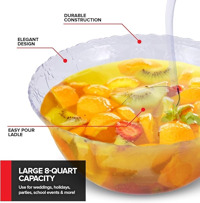Premium Plastic Punch Bowl with Ladle, Fancy Disposable Punch Bowls for Parties, Holidays, Schools