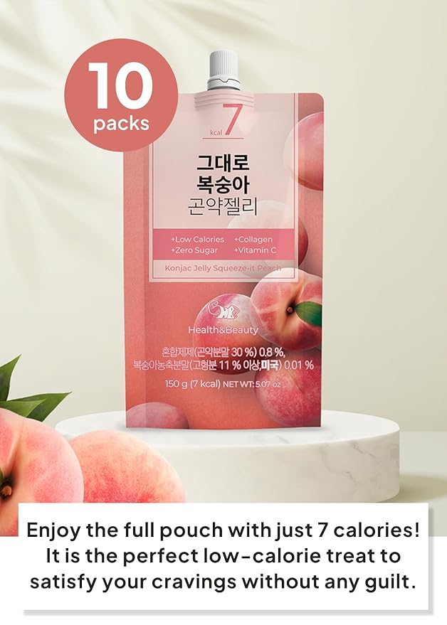 Korean Food Low Calories Squeeze Konjac Jelly, Peach Flavor, Fish Collagen, Vitamin, Zero Sugar