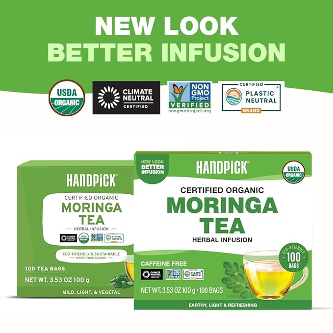 HANDPICK, Organic Moringa Tea Bags (100 Count), Pure Moringa Leaves | Authentic Indian Origin |