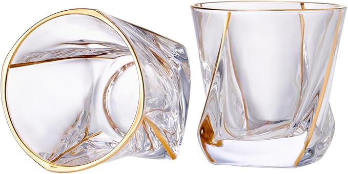 Crystal Whiskey Glasses Set of 2 with 24K Gold Rim,Bar Glasses,Twisted Whiskey Glass Gold