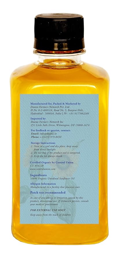 DAANA Sunflower Oil for Skin: Certified USDA Organic, Extra Virgin, Cold Pressed (12 fl oz)
