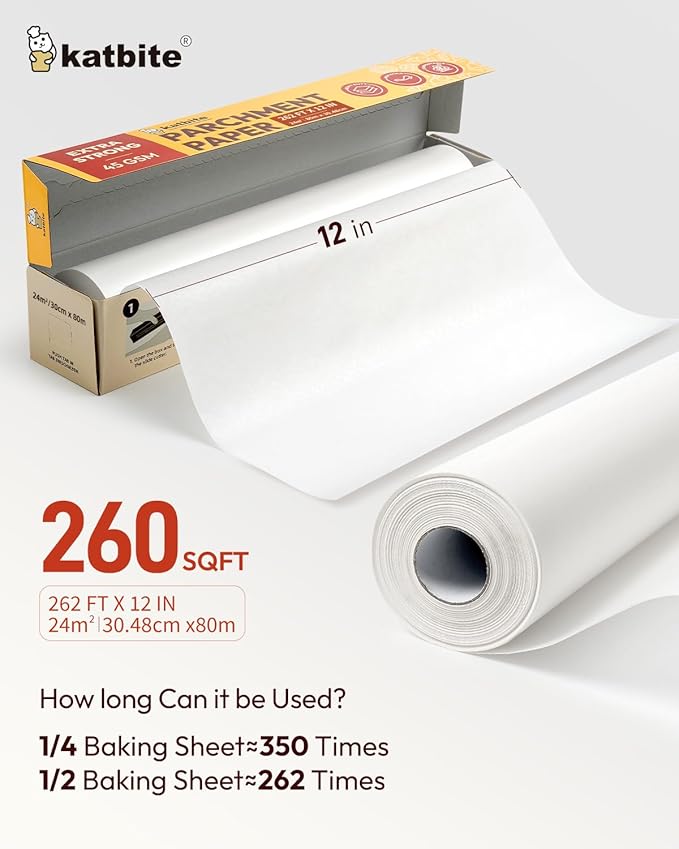Katbite Heavy Duty Parchment Paper Roll for Baking, 12 in x 524 ft Non-Stick Baking Paper for