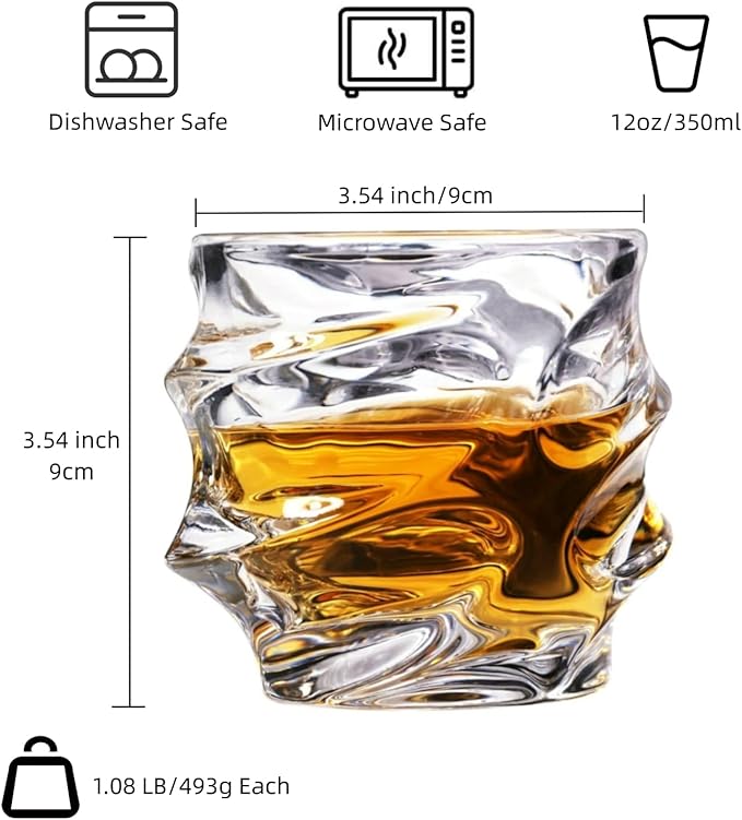 12 oz Hand Blown Crystal Whiskey Glasses Set of 4, Unique Cognac Glass, Heavy Thick Bottom Bar