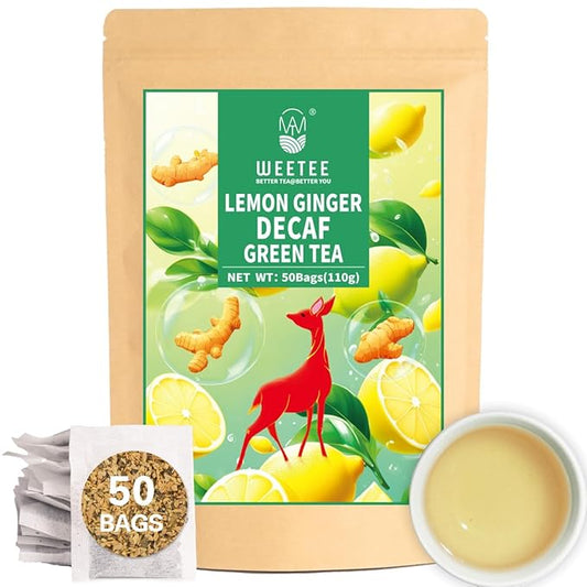 WT WEETEE Lemon Ginger Decaf Green Tea Bags 50 Counts, Made of Decaffeinated Green Tea, Ginger &