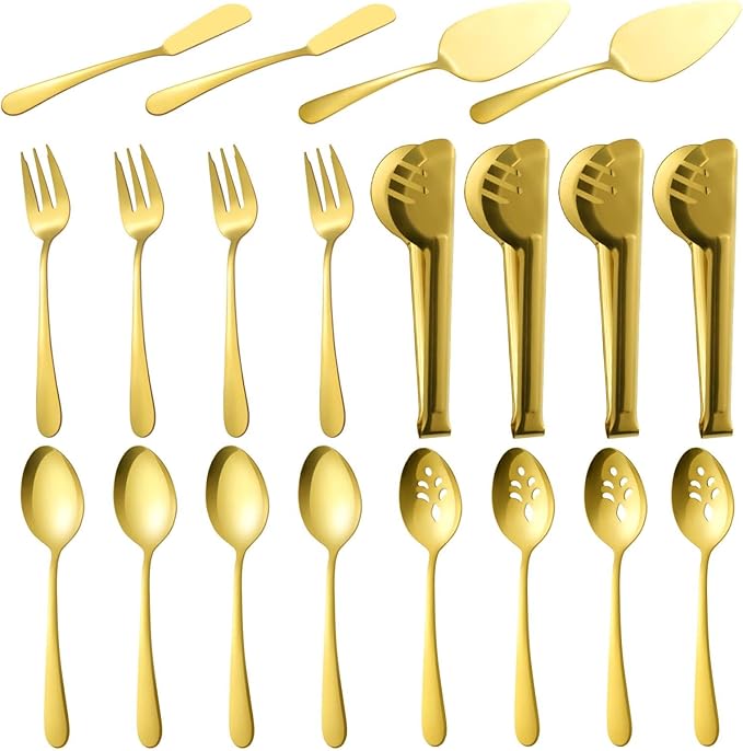 BEWOS Gold Serving Utensils, 20-Piece Serving Utensils set, Gold Serving Spoons, Slotted Spoons