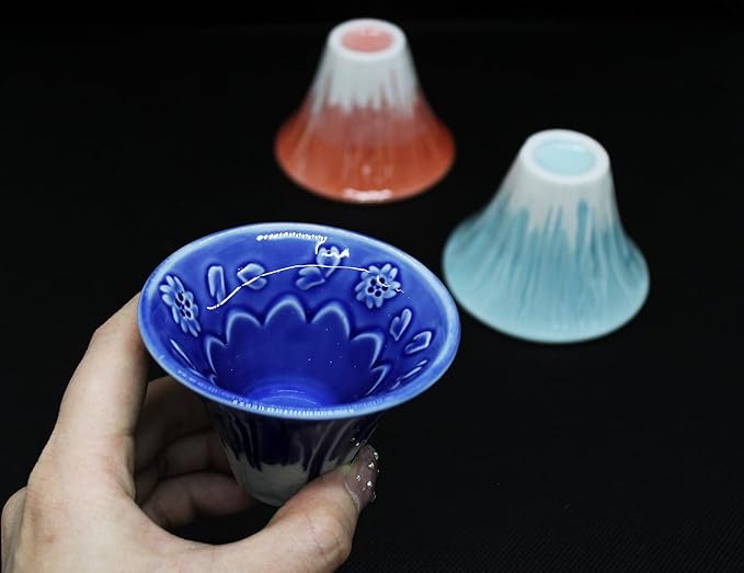 Japanese Sake Cup Mount Fuji Design Wine Soju Porcelain Ochoko Gifts (Blue Red, 2 Ochiko)