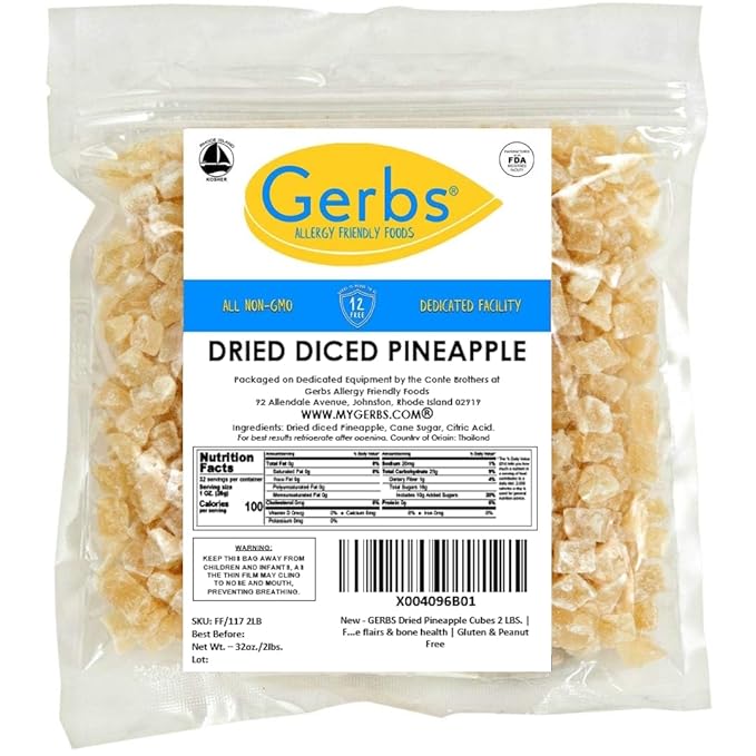 Gerbs Dried Pineapple Cubes, 2 LBS - Preservative Free & Unsulfured - Top 14 Food Allergy Free &