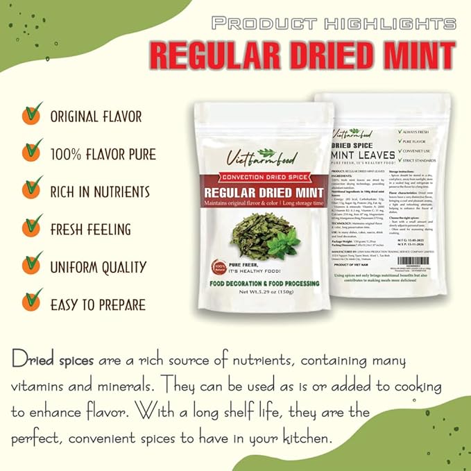 REGULAR DRIED MINT 5.29 Oz (150g) VIETFARMFOOD: Natural pure, convection dried seasoning made from