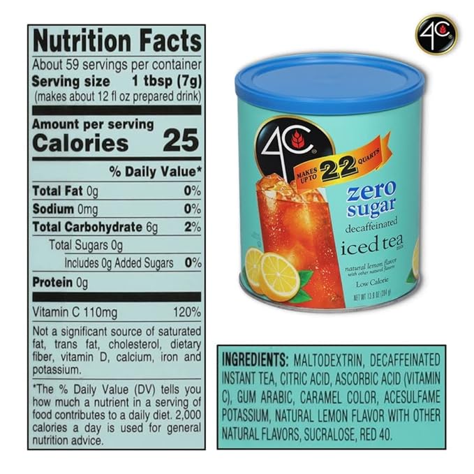 4C Zero Sugar Powdered Drink Mix Cannisters, Zero Sugar Decaffeinated Iced Tea 3 Pack, 22 Quarts