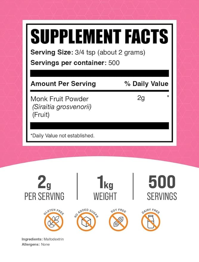 BulkSupplements.com Monk Fruit Powder - Monk Fruit Sweetener, Sugar Substitute for Baking - Pure &