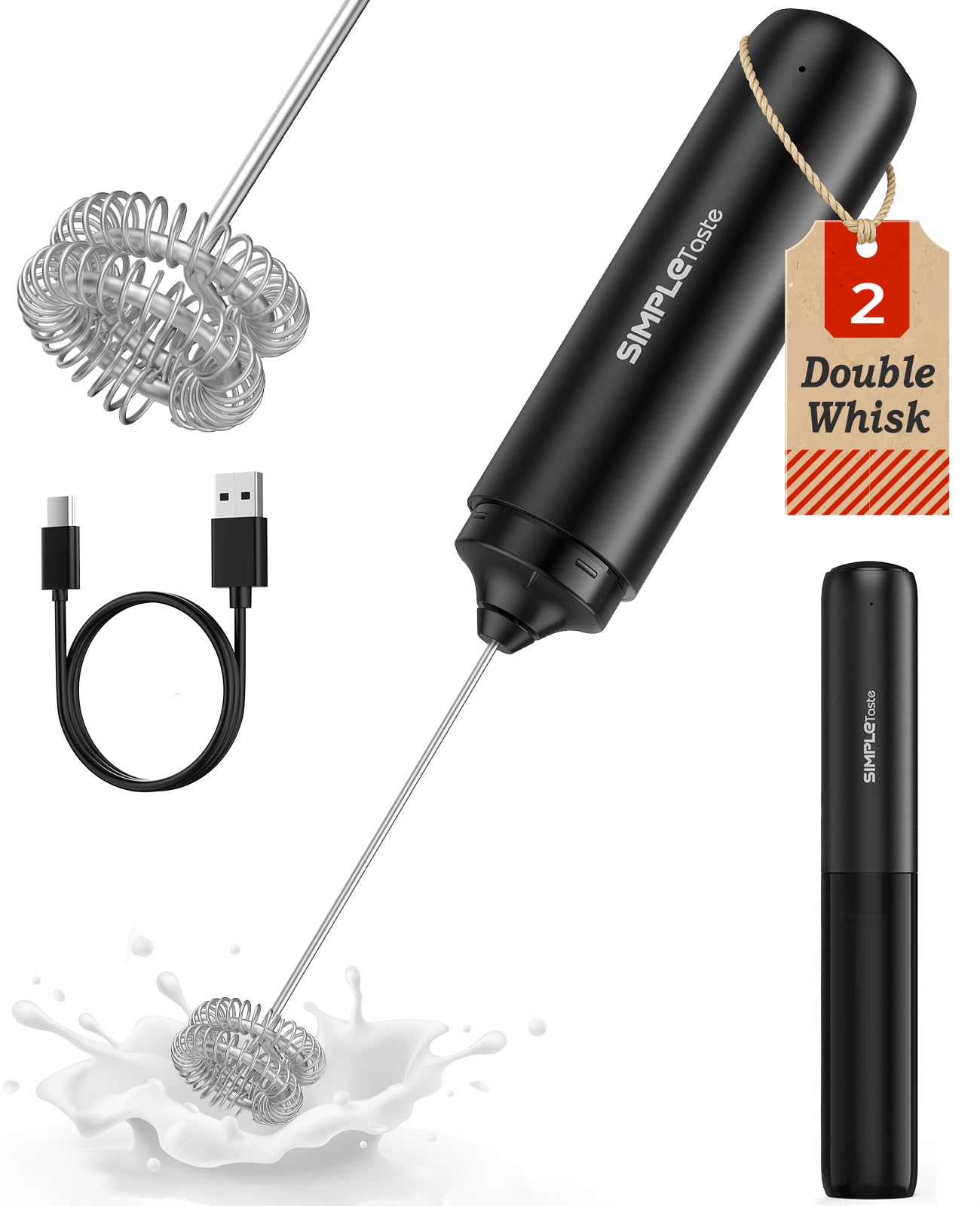 SIMPLETASTE Rechargeable Milk Frother Handheld Dual Coil Whisk Head Mixer