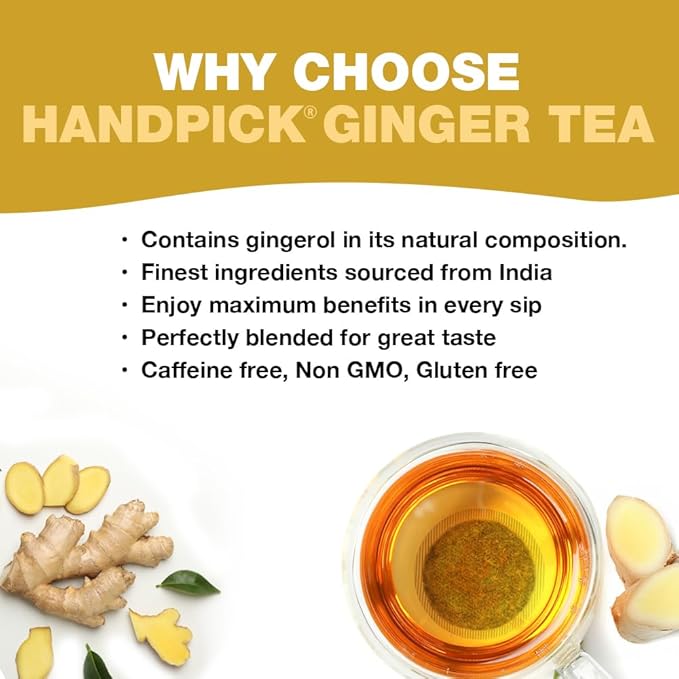 HANDPICK, Ginger Tea Bags, Caffeine Free & 100% Pure Ginger Root | Soothing & Spicy Blend | Round