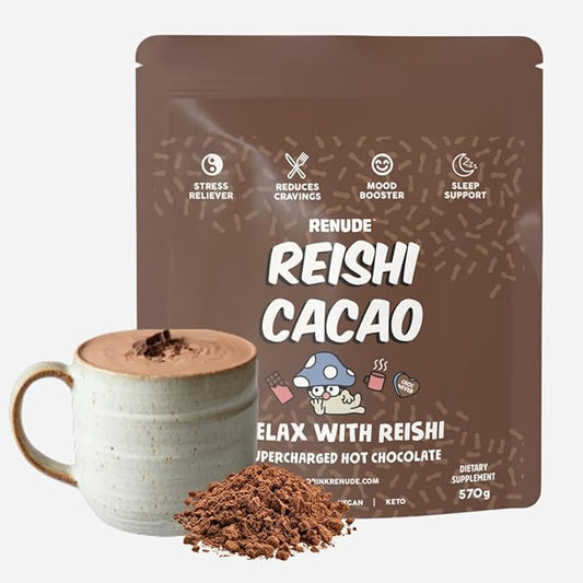 Renude Reishi Cacao - Mushroom Hot Chocolate, Coffee Alternative, Mushroom Drink, Cacao Powder, Hot