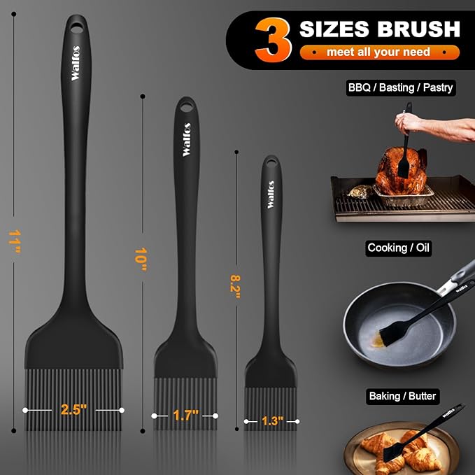 Walfos 3 Size Basting Brush, High Heat Resistant Silicone Pastry Brushes for Barbecue, Baking